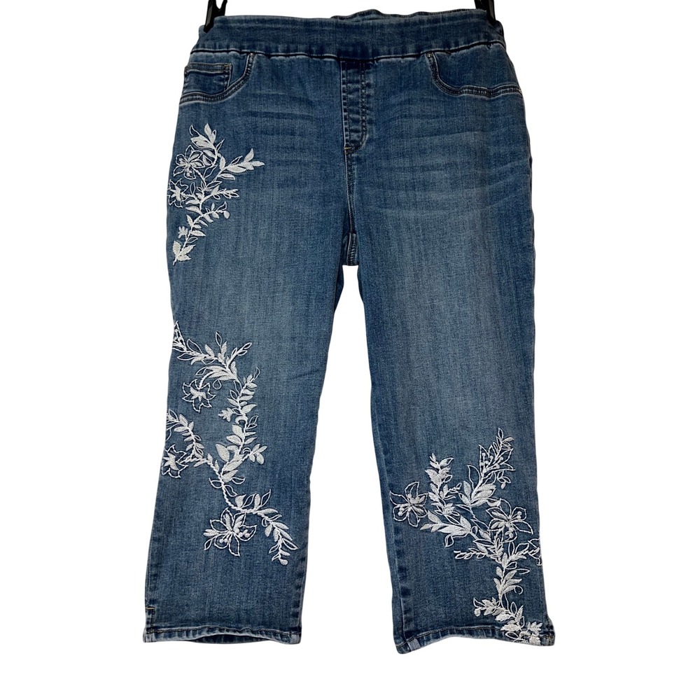 Embroidered Floral Pull On Crop Jeans Medium Wash Denim Capris Blue Womens
